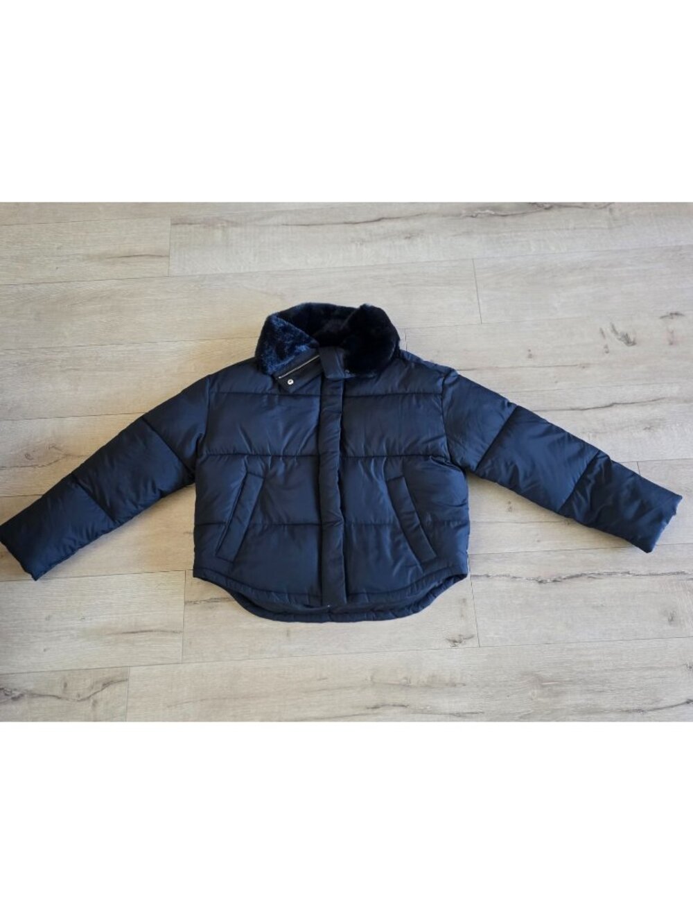 Abercrombie & Fitch Puffer Jacket Womens M Black Faux Fur Collar Snap Inside Zip